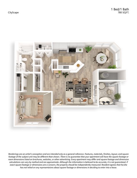 Floor plan for 1 bed, 1 bath, 780 sqft